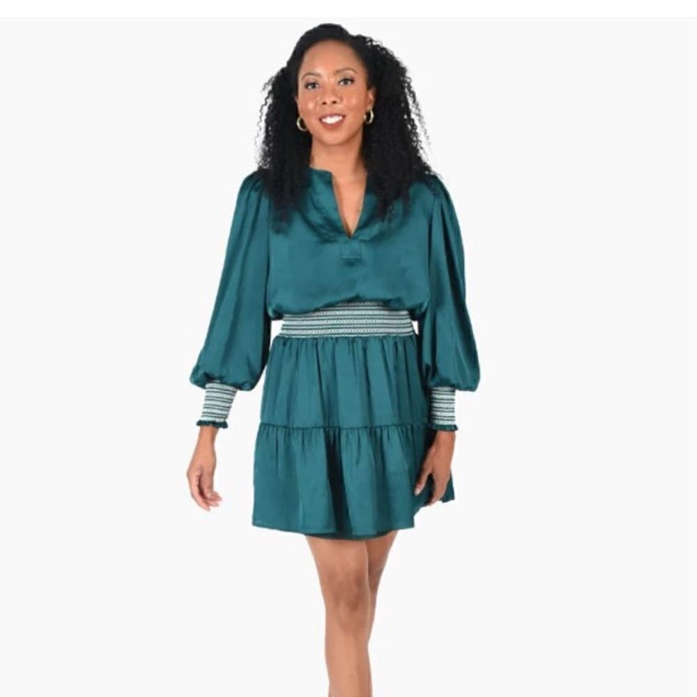 Emily McCarthy Penelope Dress Green- Smocked Waist & Cuffs NEW